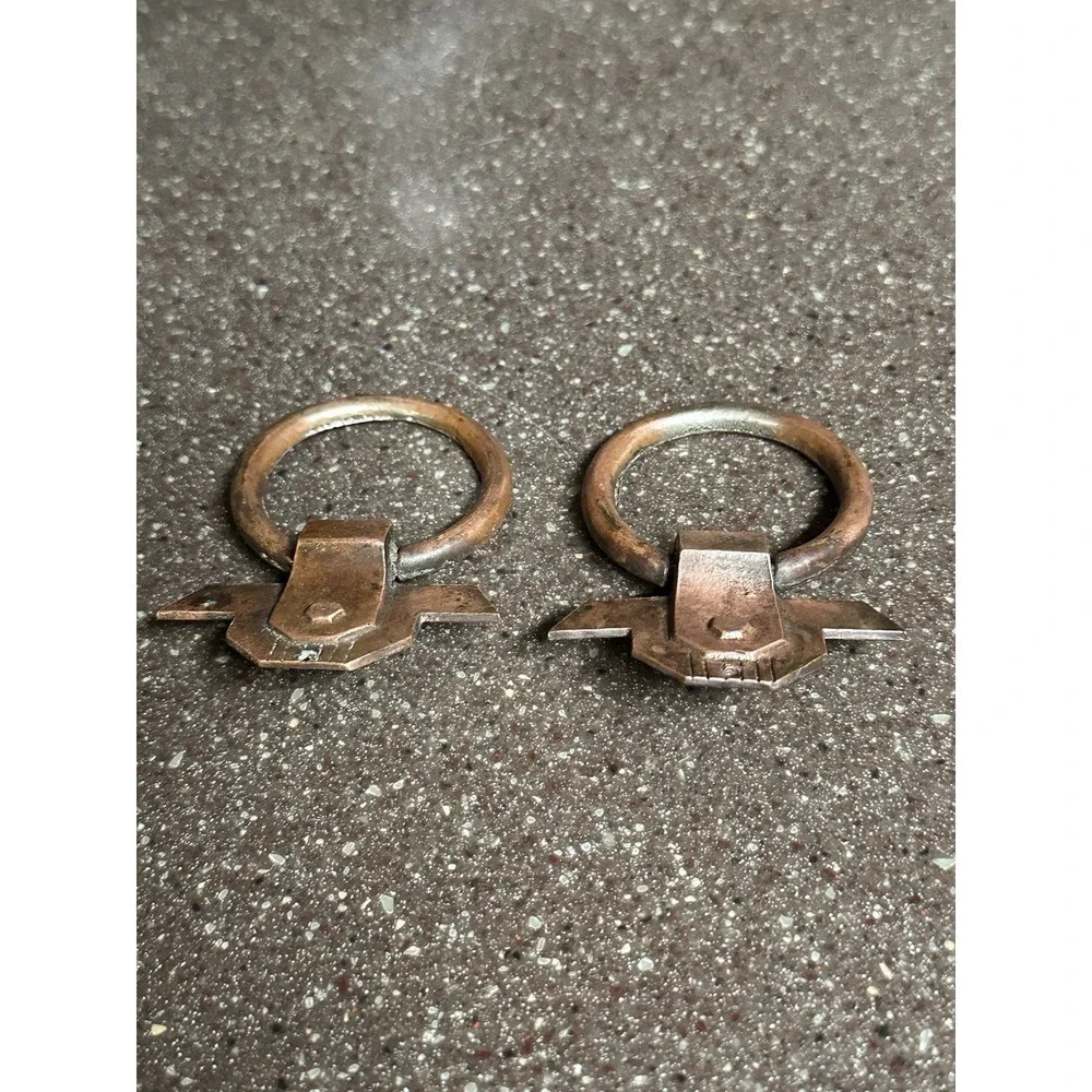 Antique Art Deco Ring Drawer Pulls Set of‎ 2 Copper Brass Tone Cabinet Hardware
